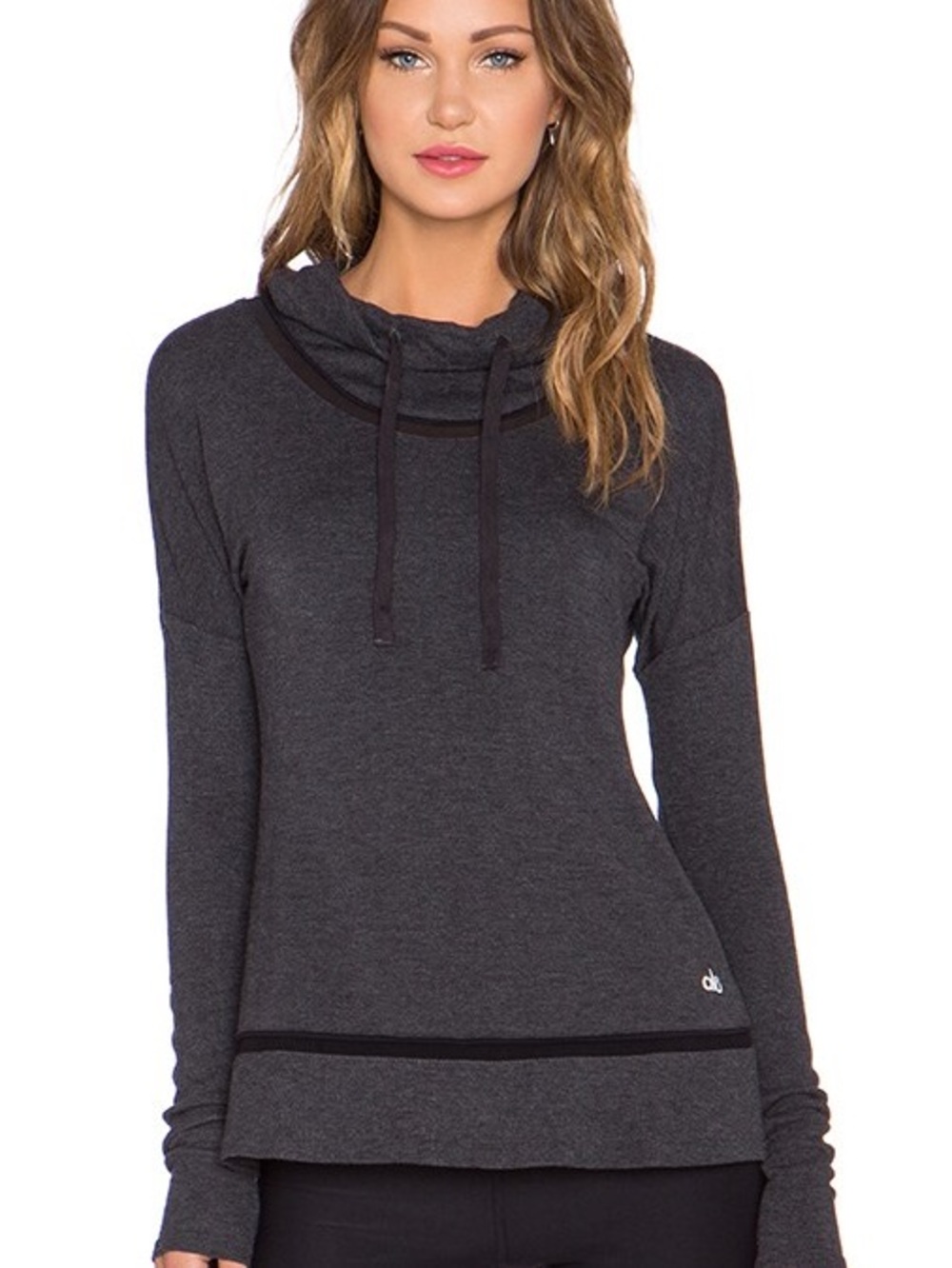 Alo Dark Gray Long Sleeve Cowl Neck Pullover Hoodie Athleisure Top
